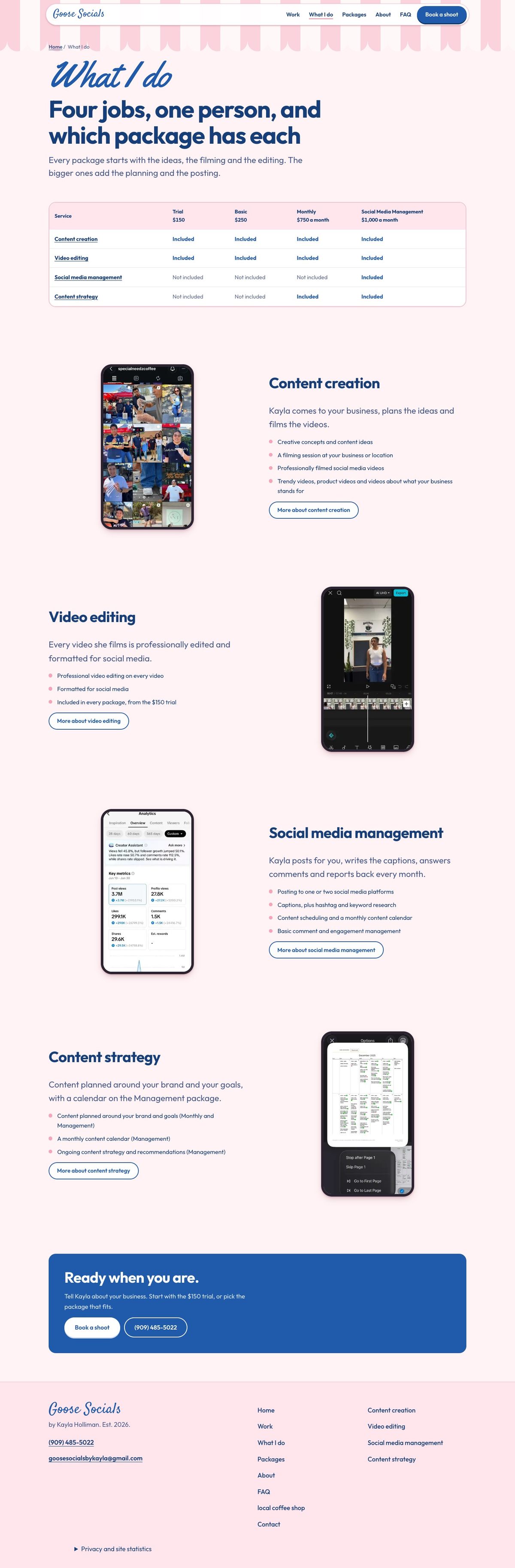 Goose Socials services website with pink and blue styling and a clear service comparison, desktop layout
