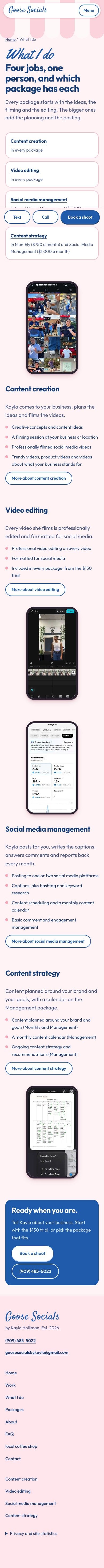 Goose Socials services website with pink and blue styling and a clear service comparison, mobile layout
