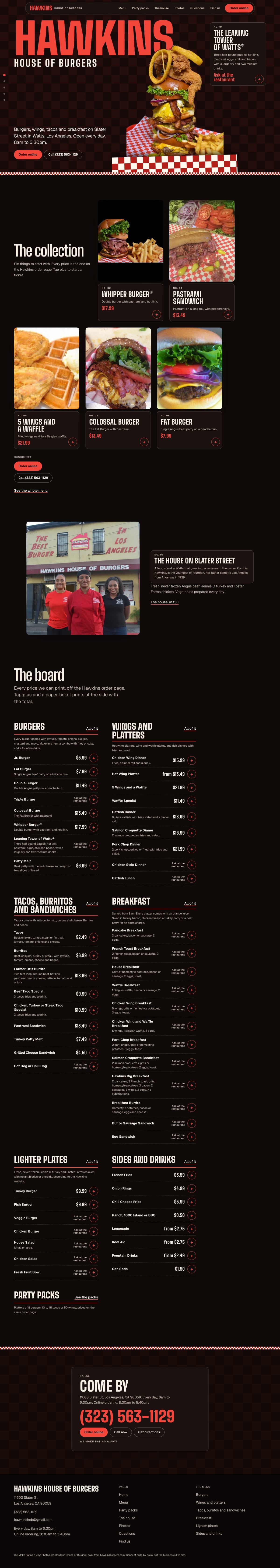Hawkins House of Burgers concept website with burger photography and bold restaurant typography, desktop layout