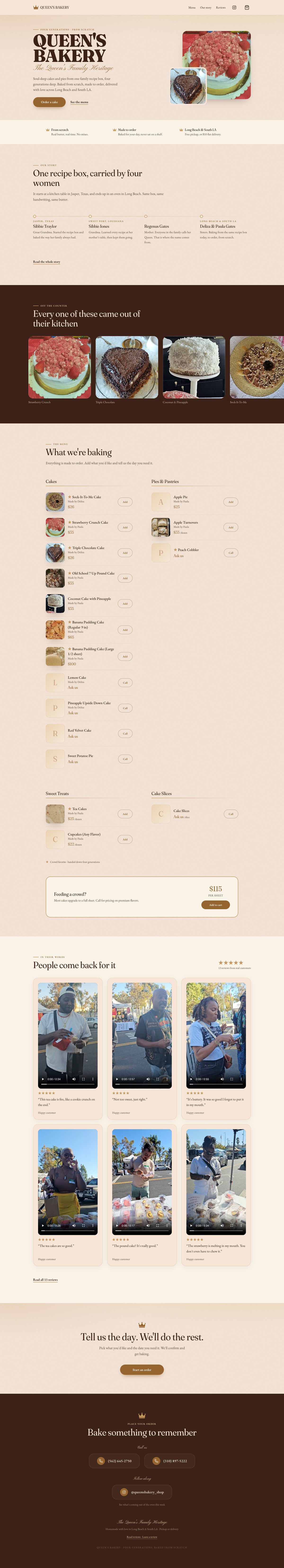 Queen’s Bakery website with warm cream colors, cake photography and a large bakery wordmark, desktop layout