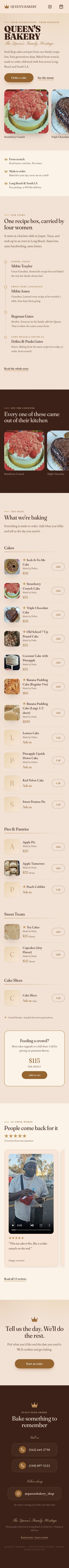Queen’s Bakery website with warm cream colors, cake photography and a large bakery wordmark, mobile layout