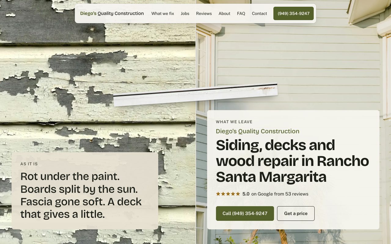 The Diego’s Quality Construction homepage on a laptop, split down the middle: peeling, weathered lap siding on the left under the line Rot under the paint, and a freshly painted house on the right under the headline Siding, decks and wood repair in Rancho Santa Margarita, with a single new board floating across the seam.