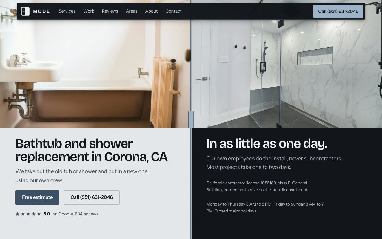 The MODE Renovation homepage on a laptop, split down the middle: an old clawfoot tub on the left and a finished walk-in shower on the right, with the headline Bathtub and shower replacement in Corona, CA under the old one and In as little as one day under the new one.