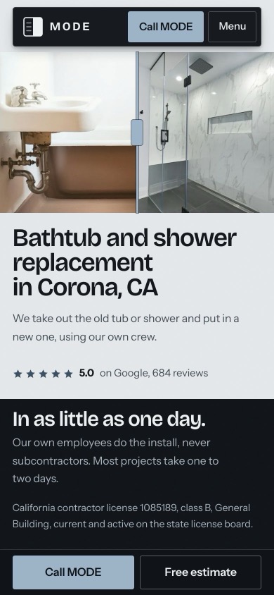 The same homepage on a phone: the old tub and the new shower side by side across the top, the headline and the 5.0 rating below, and a call and free estimate bar at the bottom.
