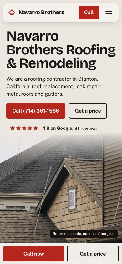 The same homepage on a phone, with the name, the phone number and the price button above the roof photograph and a call bar along the bottom.